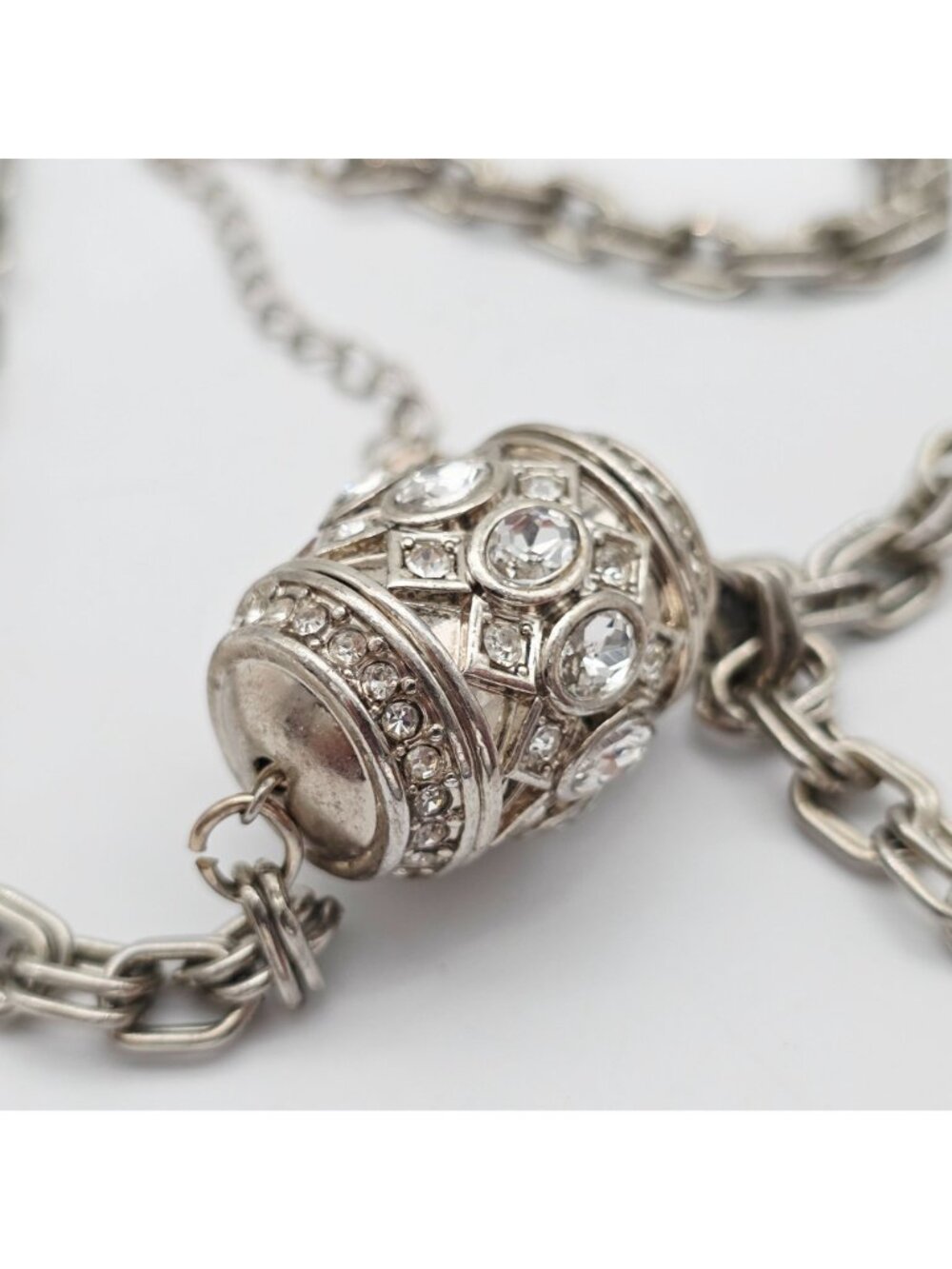 Ann Taylor Silver-Tone Necklace Rhinestone-Encrusted Barrel Pendant 16" Drop - Picture 6 of 9